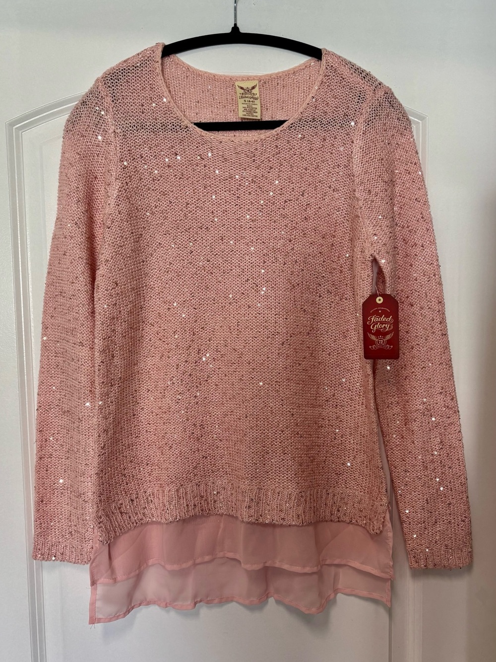 Faded Glory Blush Pink Sequin Knit Sweater with Sheer Hem